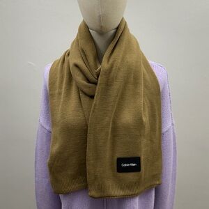 Calvin Klein Knit Scarf Tan Brown Minimal Logo Soft Acrylic Winter Unisex